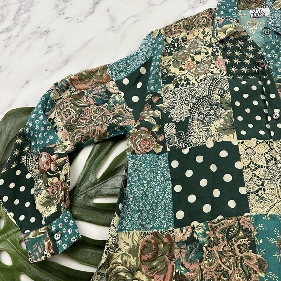 Via Max Womens Vintage 90s Silk Oversize Shirt Size S Green Tan Mixed Floral - Picture 4 of 12